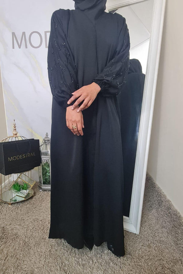 Black beaded cuffed sleeves abaya