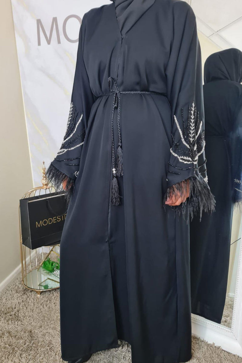 Black and silver beaded Feather abaya