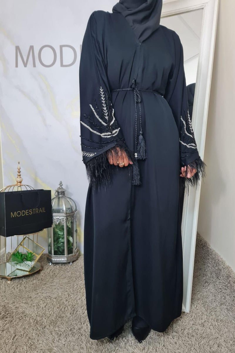 Black and silver beaded Feather abaya