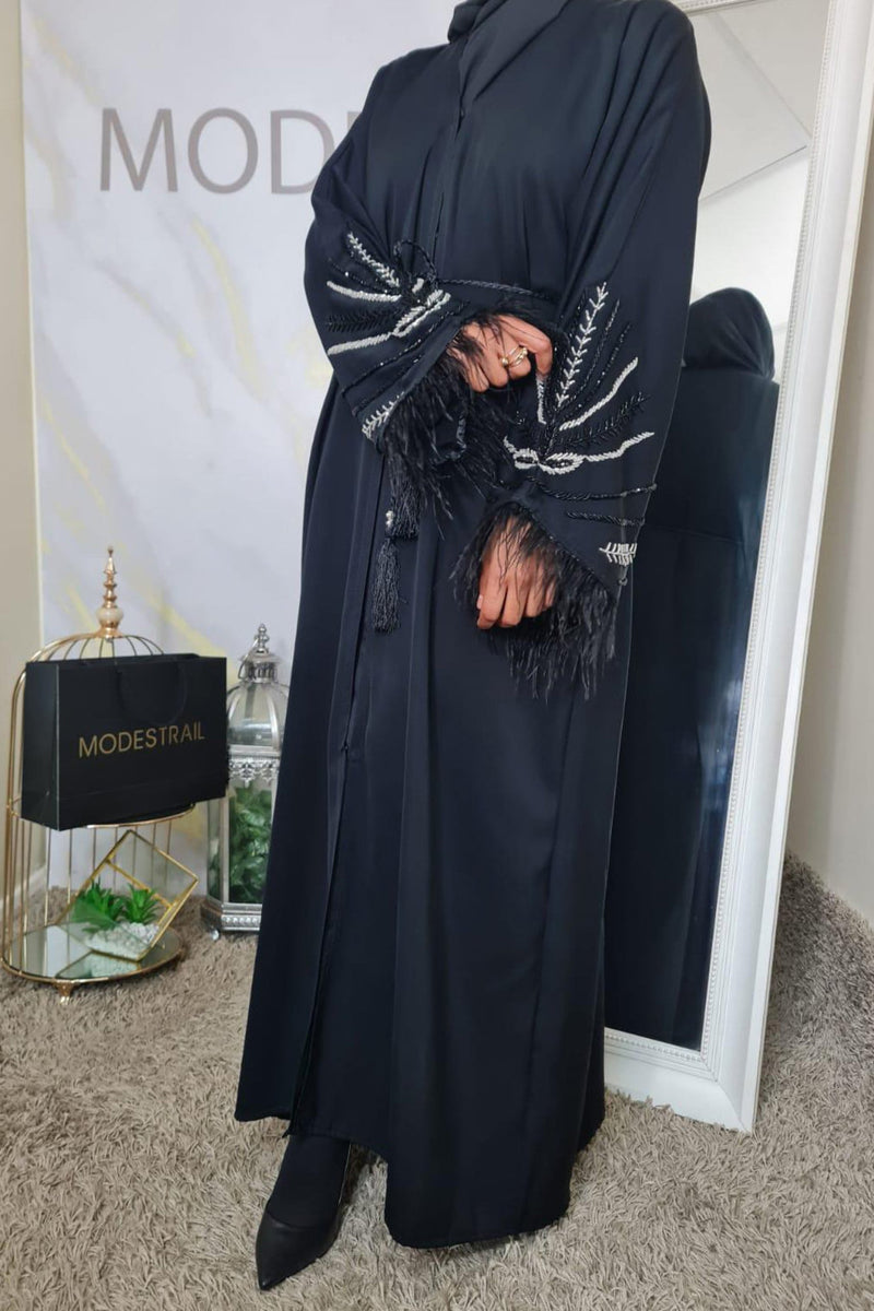 Black and silver beaded Feather abaya