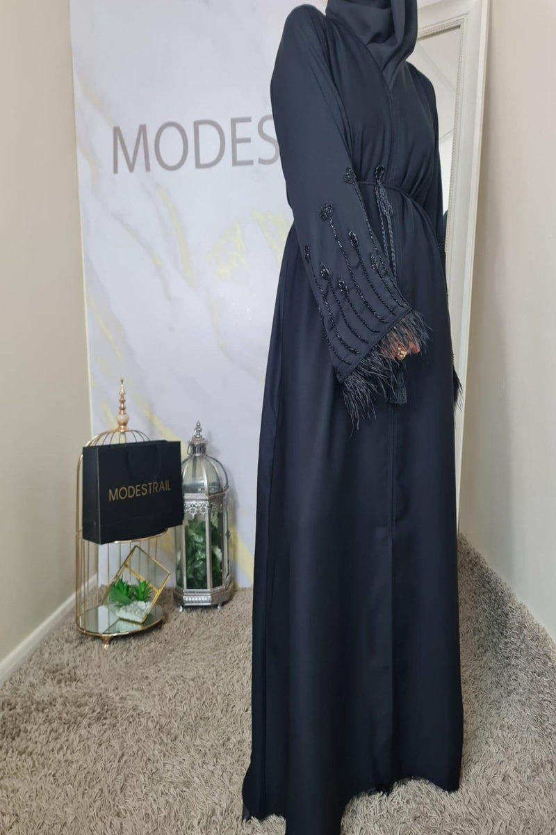 Black on black beaded Feather abaya