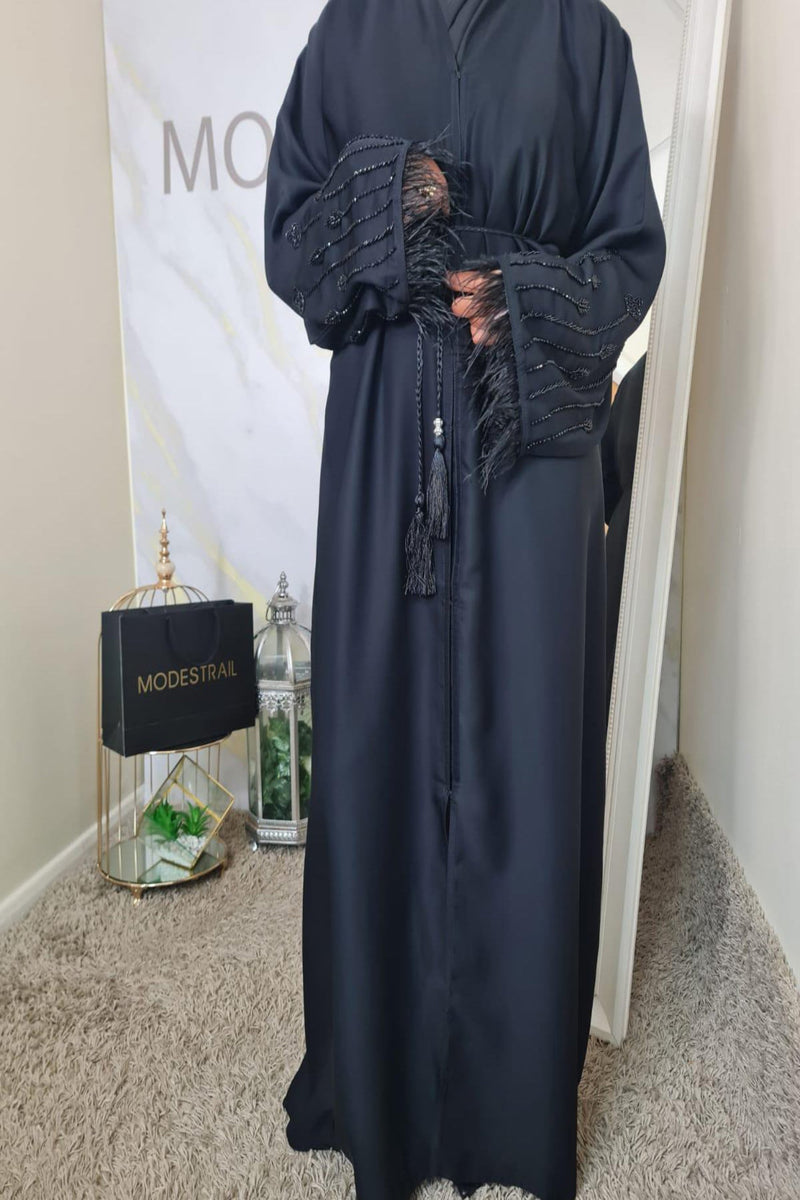 Black on black beaded Feather abaya