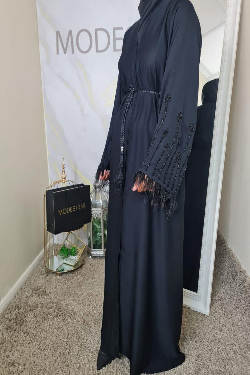 Black on black beaded Feather abaya