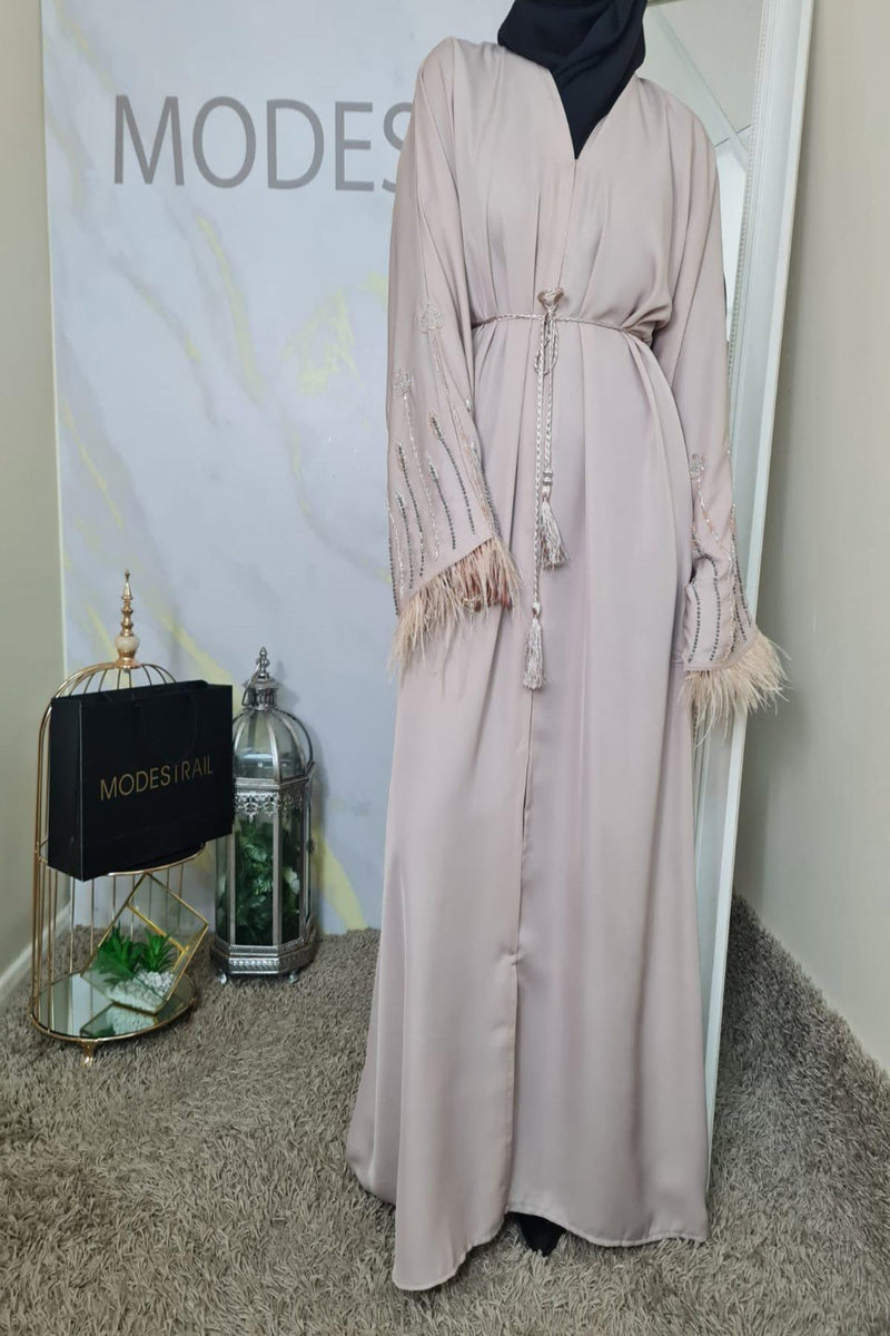 Nude beaded feather abaya