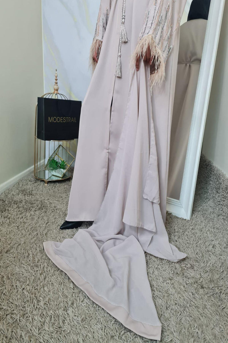 Nude beaded feather abaya