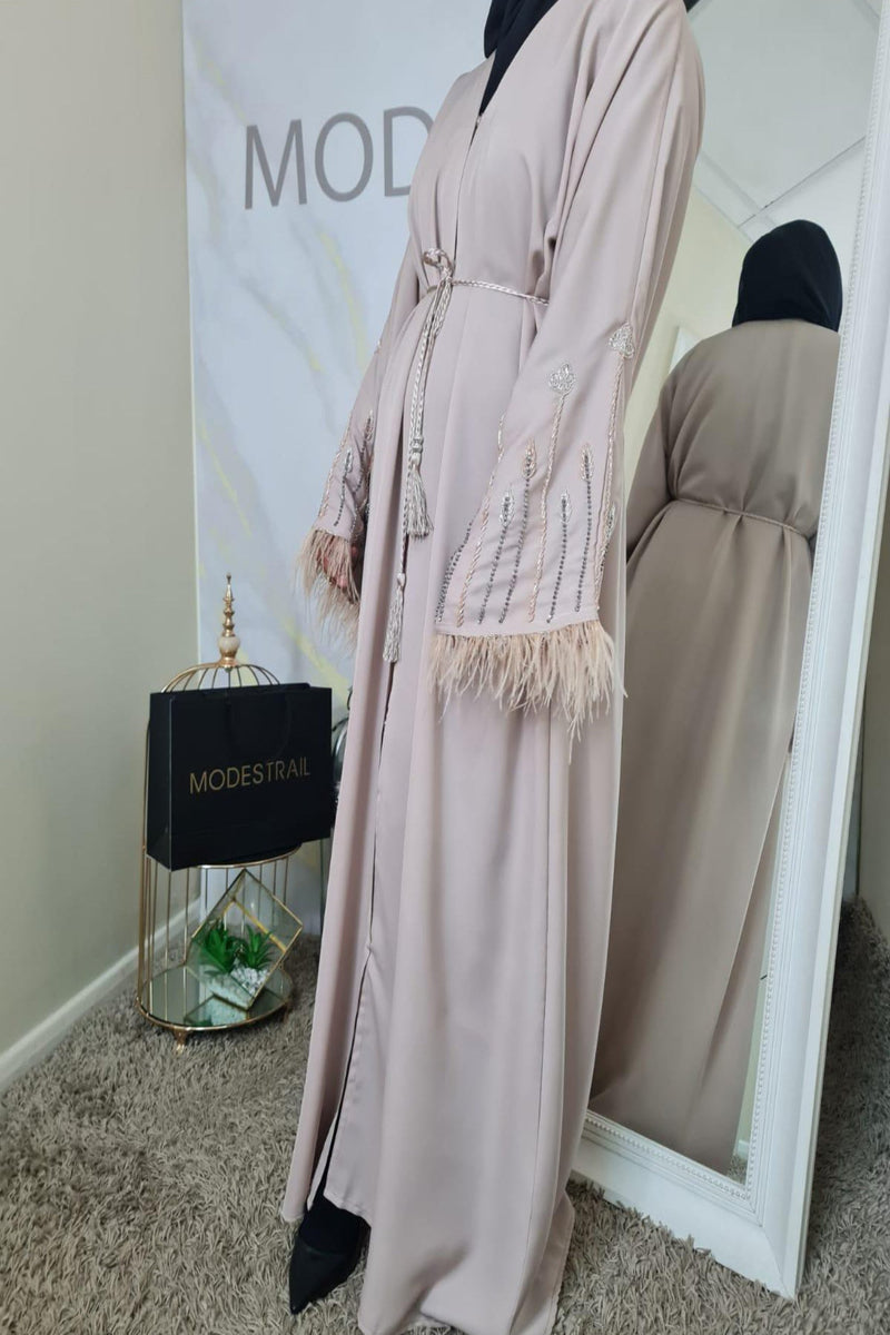 Nude beaded feather abaya