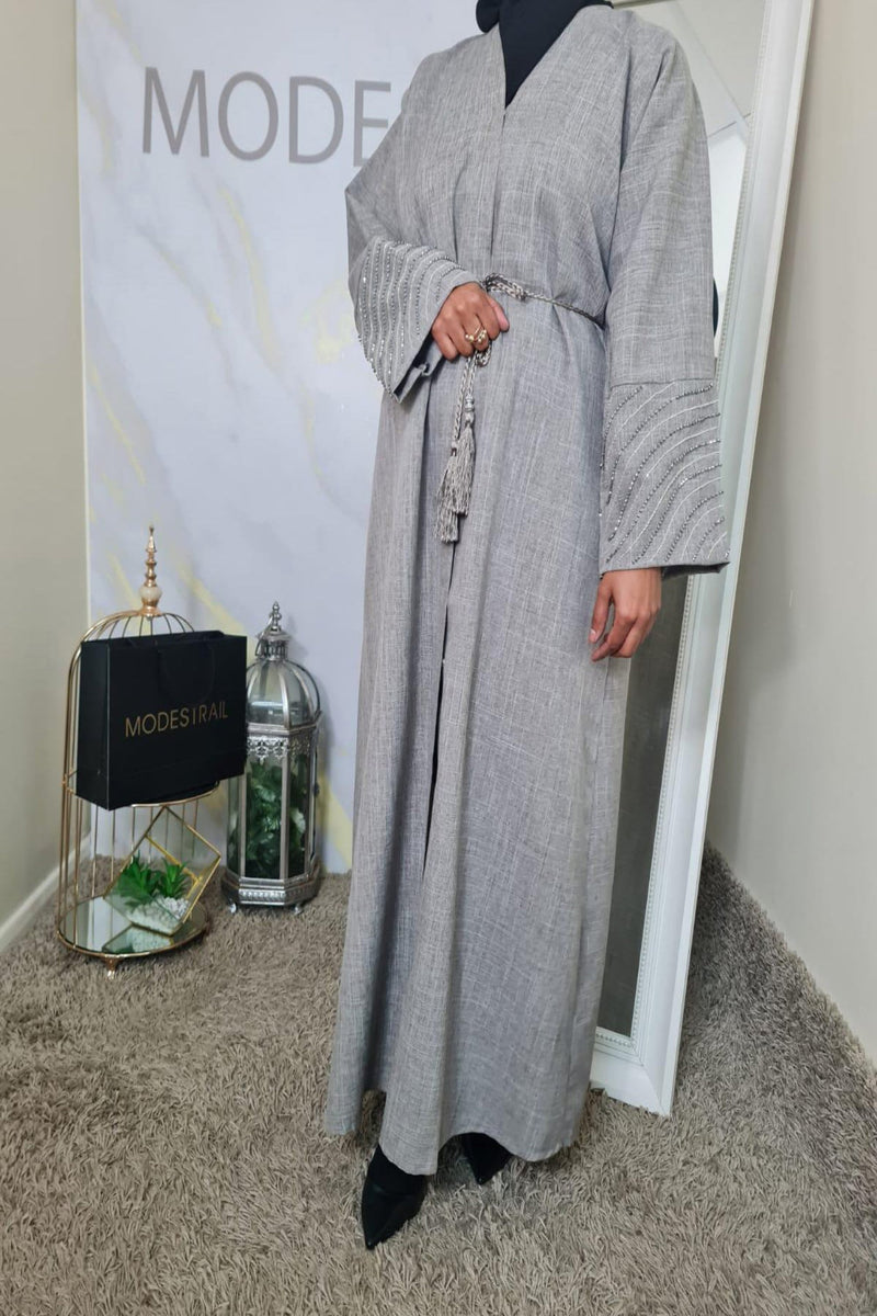 Stone Beaded sleeve Linen Abaya