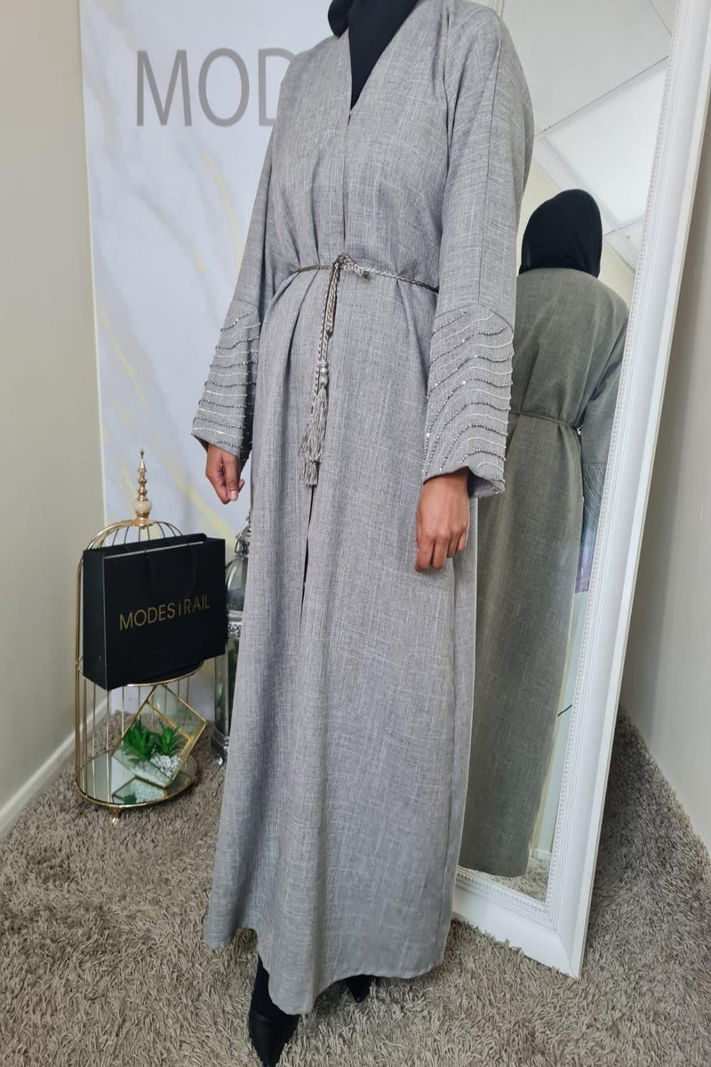 Stone Beaded sleeve Linen Abaya