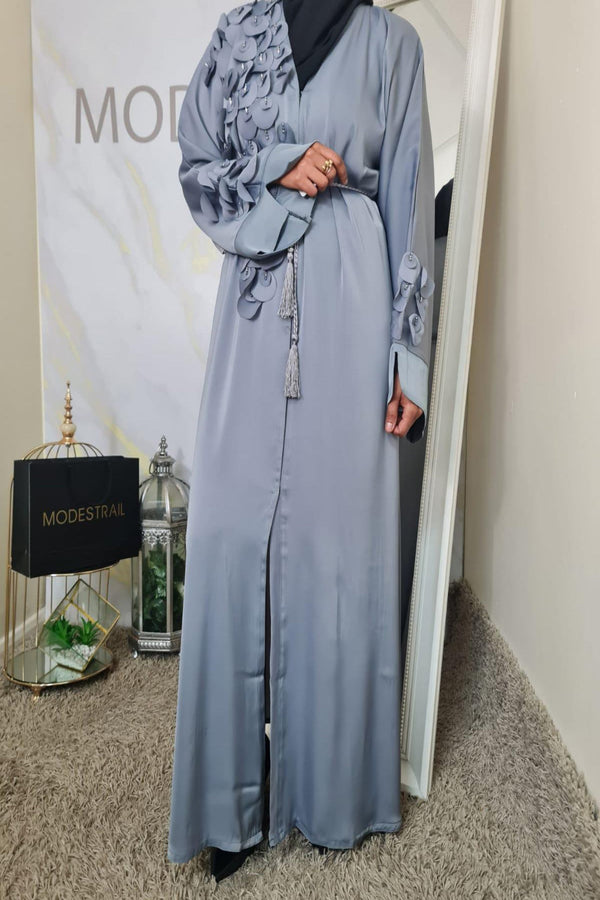 Grey 3D flower Abaya