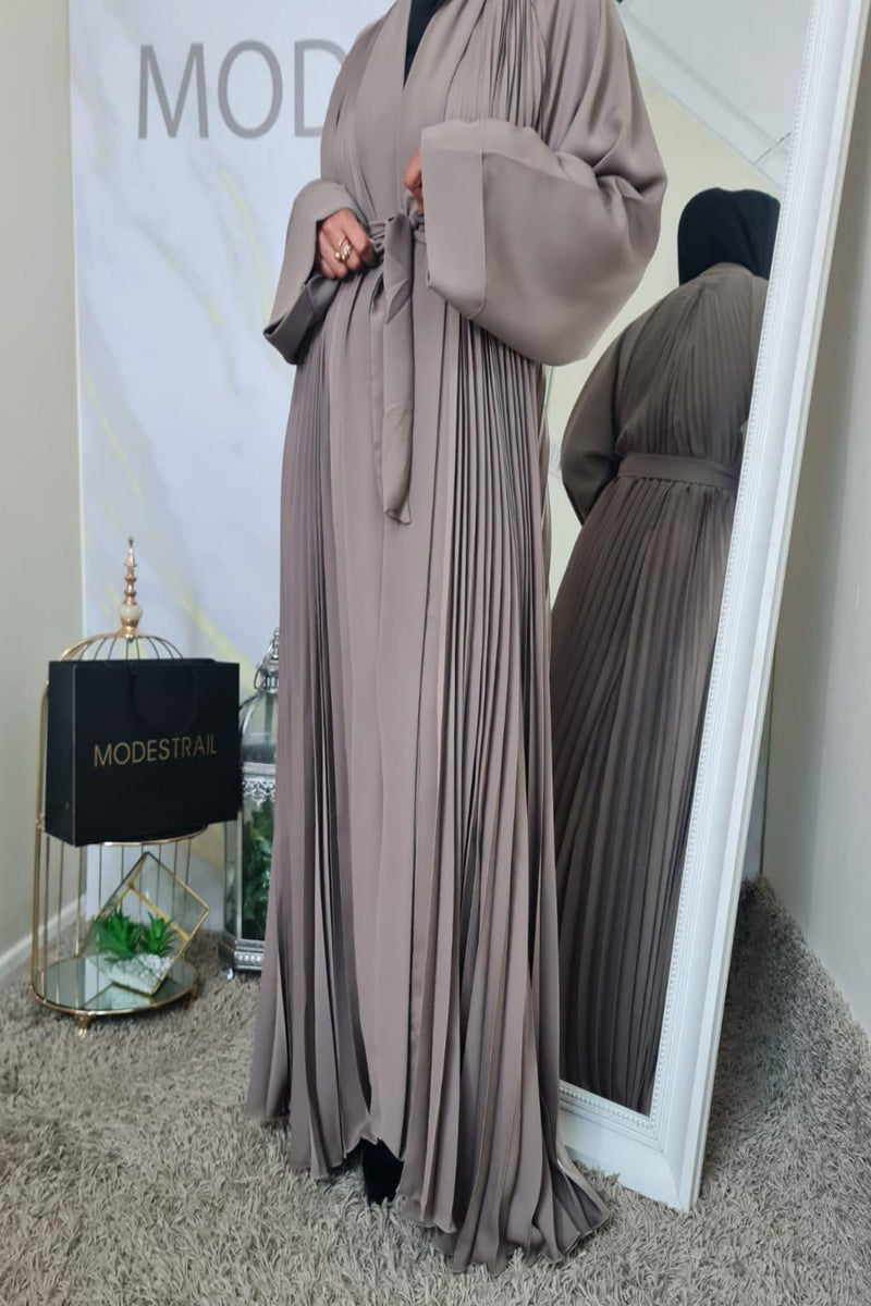 Beige Pleated front open Abaya