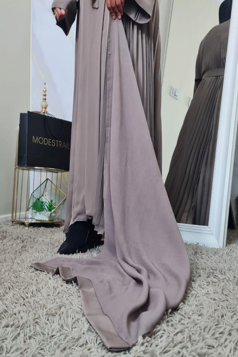 Beige Pleated front open Abaya