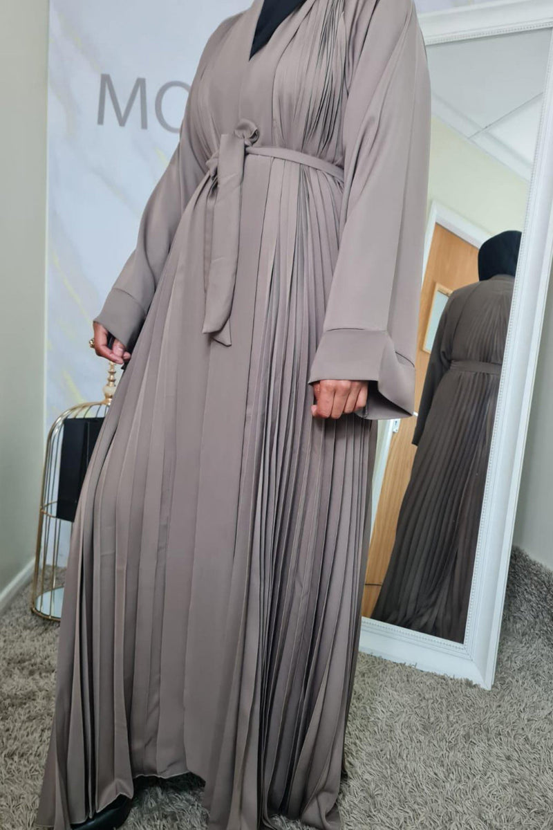 Beige Pleated front open Abaya