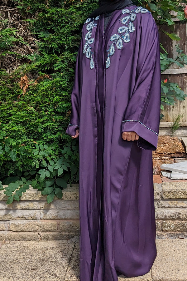 Purple Paisley Pearl and Bead Leaf Abaya