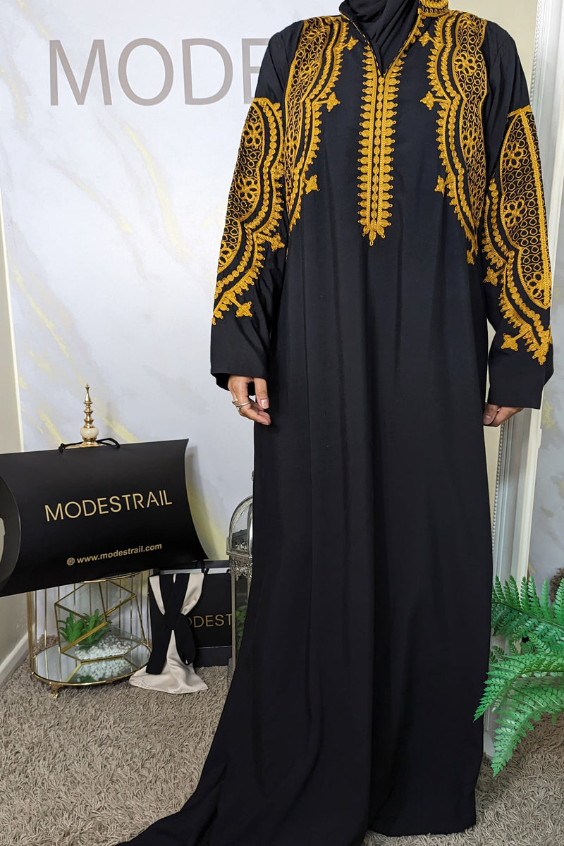 Black Cotton Abaya with Orange Embroidery