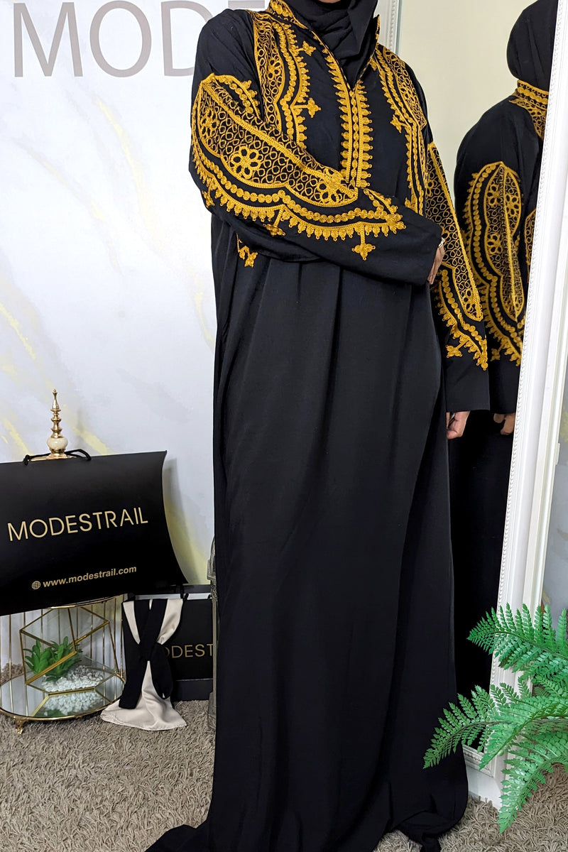 Black Cotton Abaya with Orange Embroidery