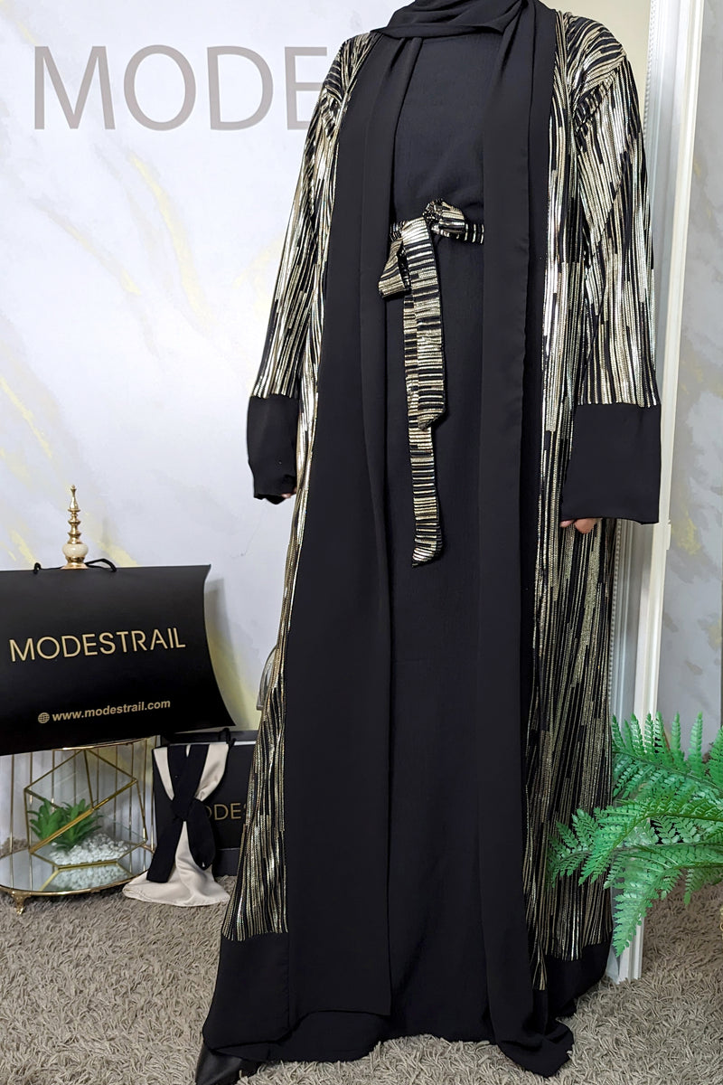 Black Abaya with Gold Shimmer Stripes