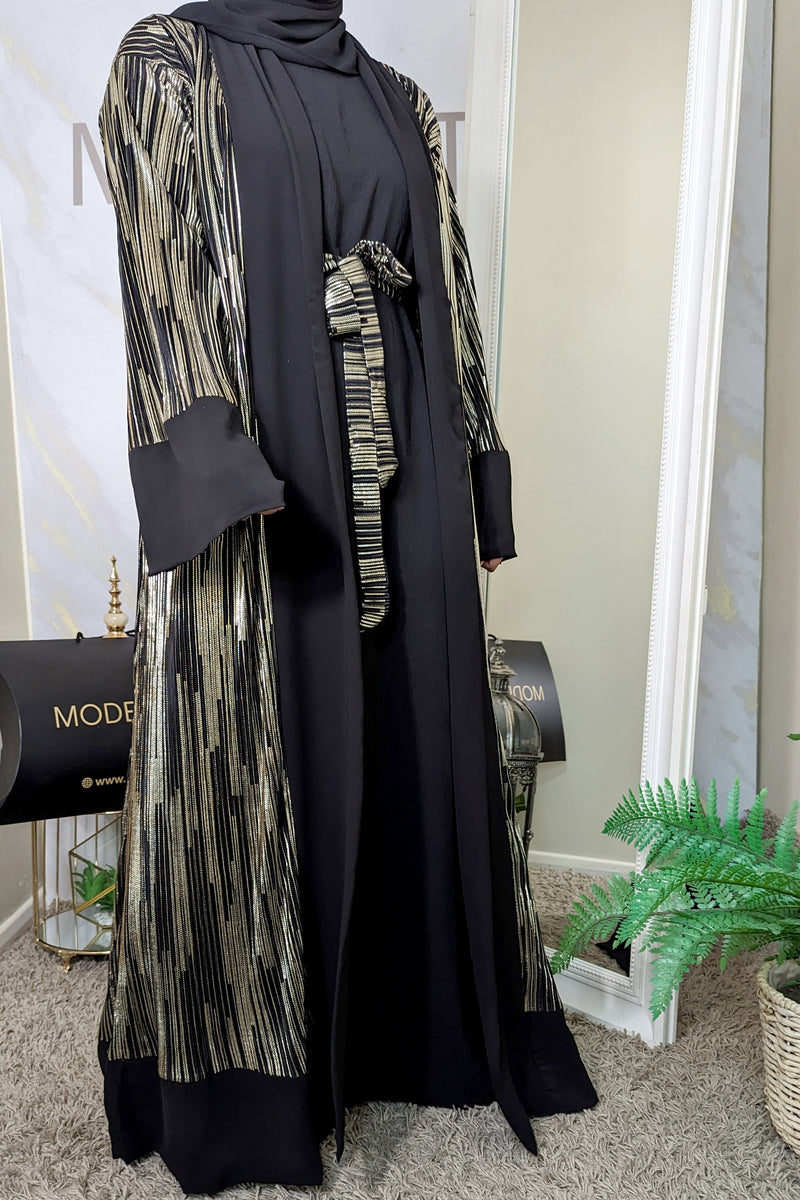 Black Abaya with Gold Shimmer Stripes