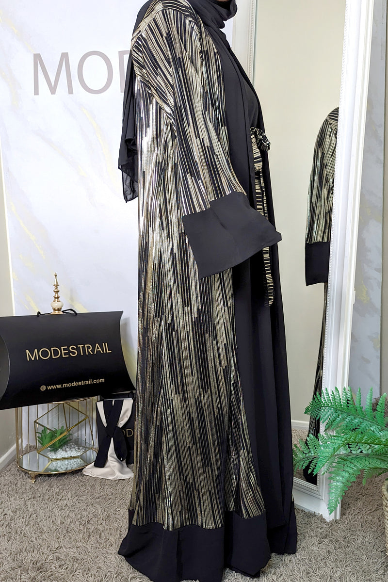 Black Abaya with Gold Shimmer Stripes