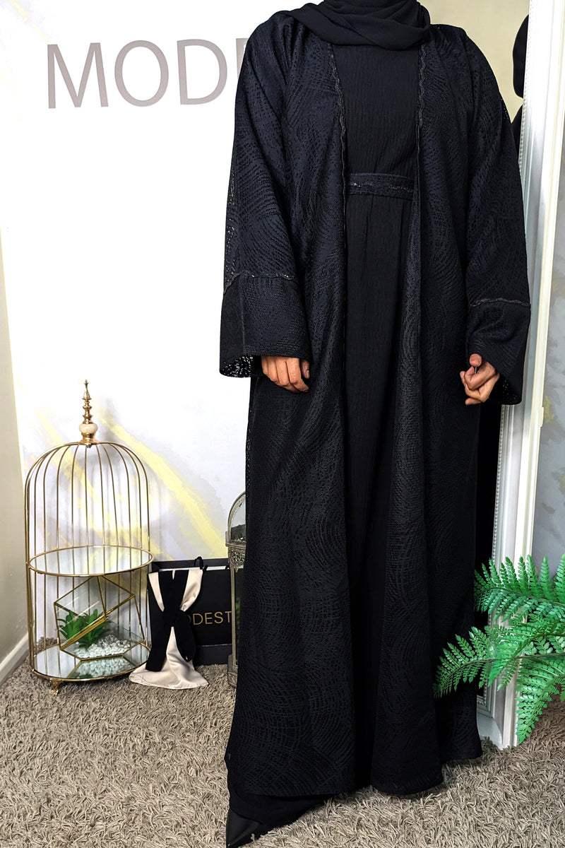 Black 2 Piece Net Abaya with Black Diamante