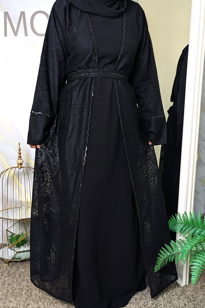 Black 2 Piece Net Abaya with Black Diamante