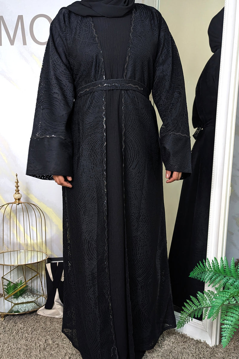 Black 2 Piece Net Abaya with Black Diamante