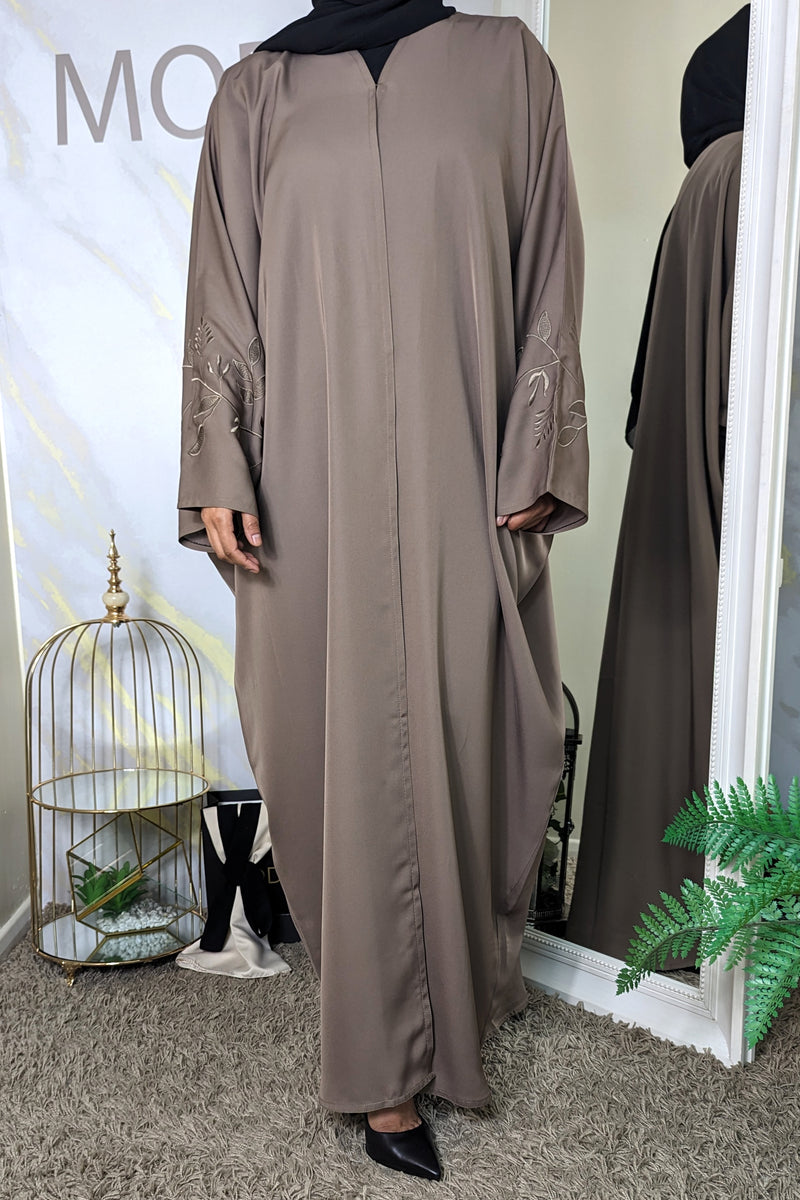 Mocha Batwing Abaya with Embroidery Sleeves