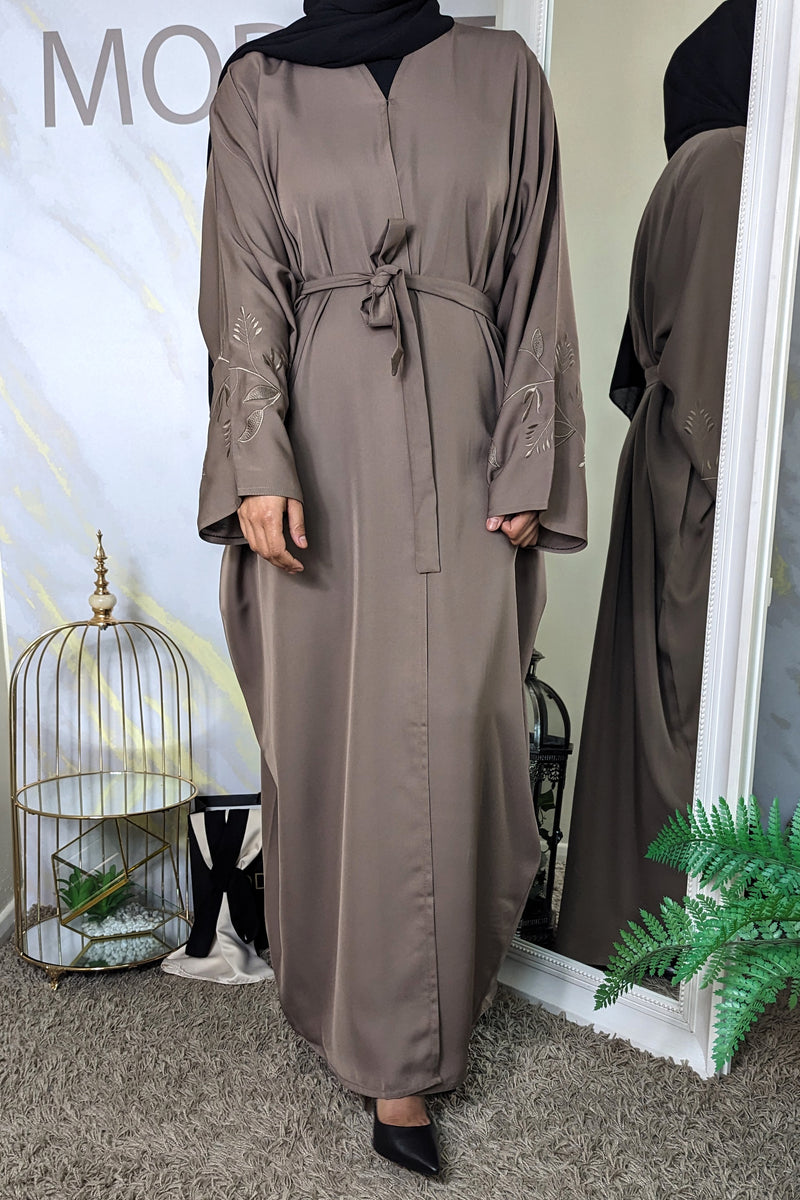 Mocha Batwing Abaya with Embroidery Sleeves