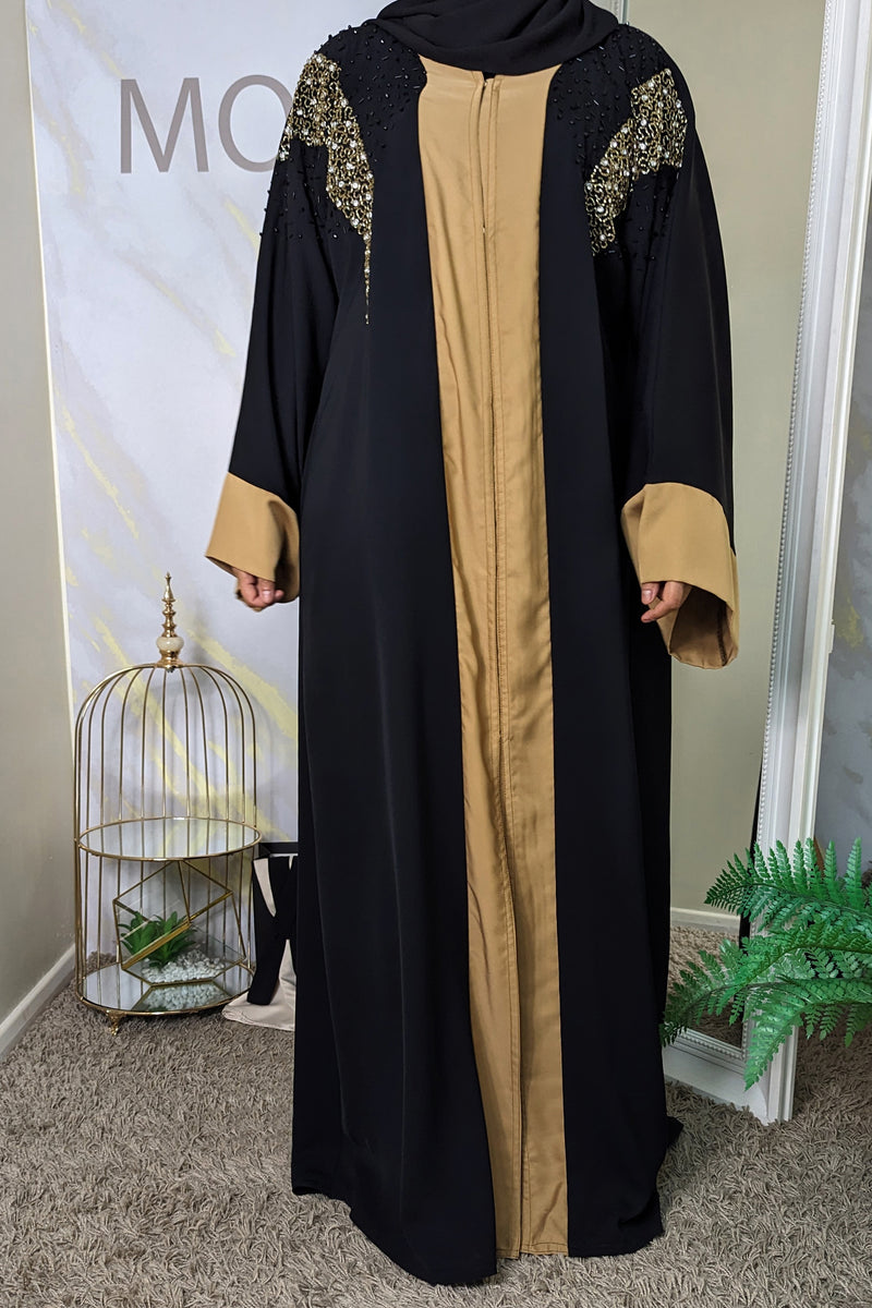 Black Abaya with Gold Contrast and Black Beadwork