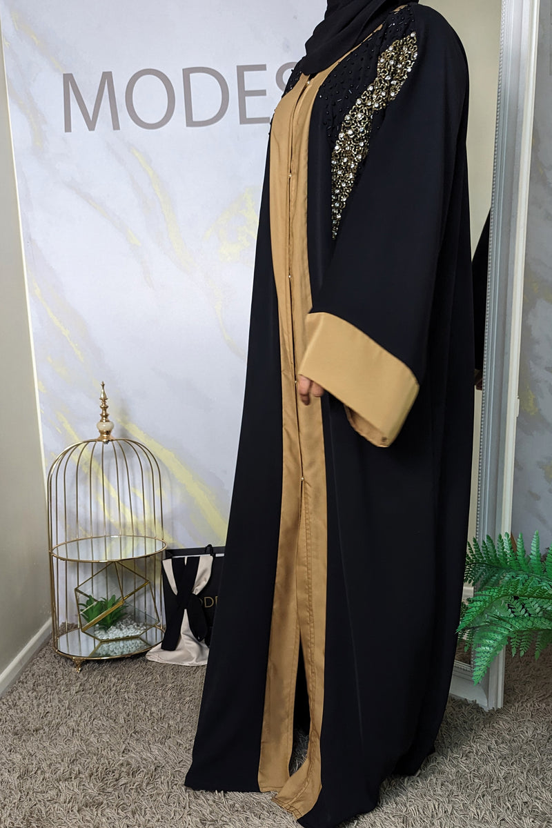 Black Abaya with Gold Contrast and Black Beadwork