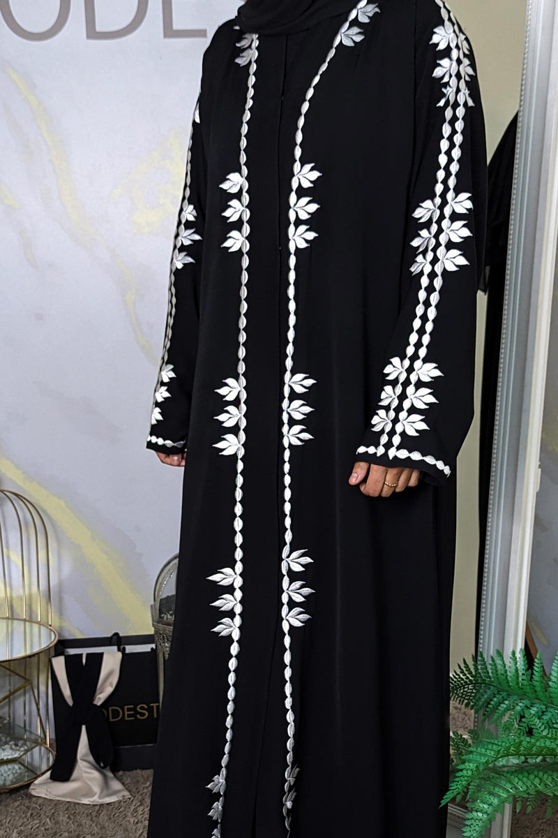 Black Abaya with White Floral Embroidery