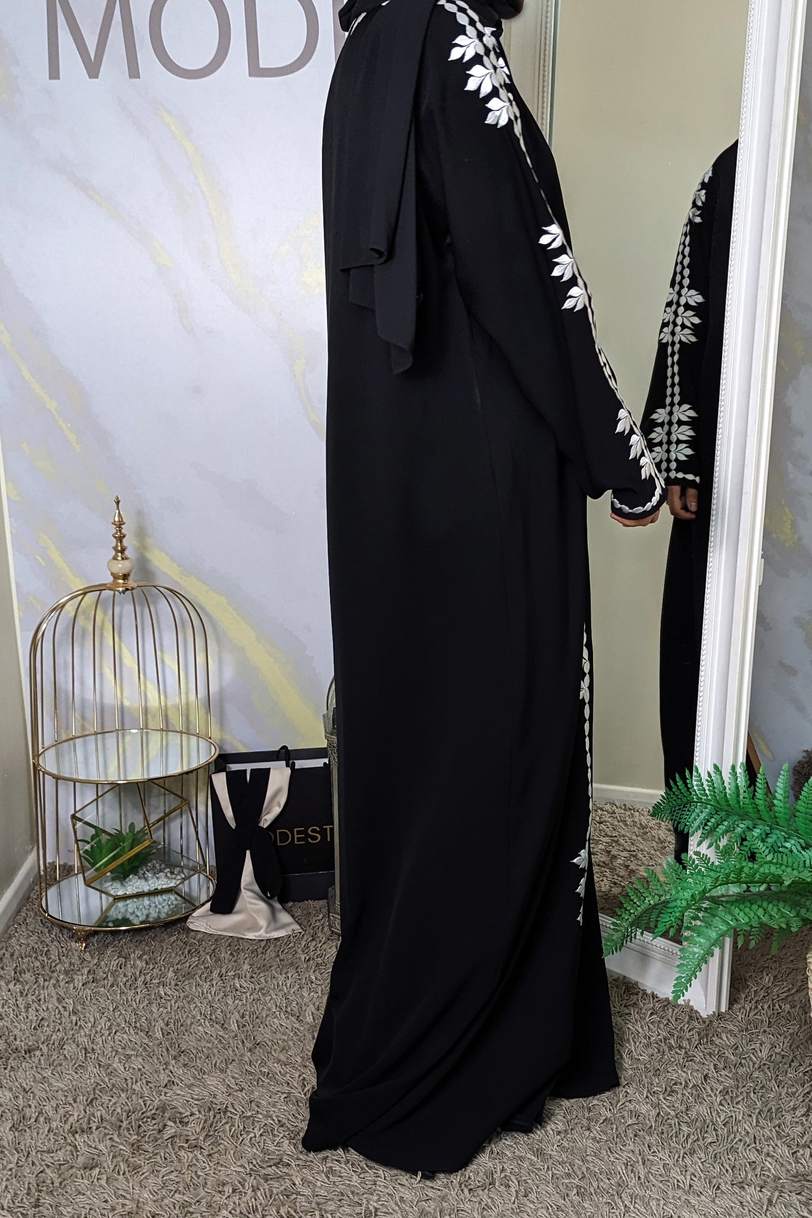 Black Abaya with White Floral Embroidery