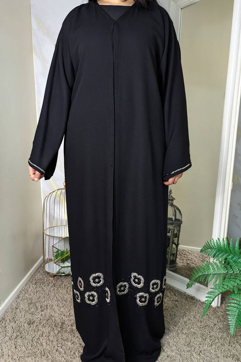 Silver with Black Floral Beaded Abaya