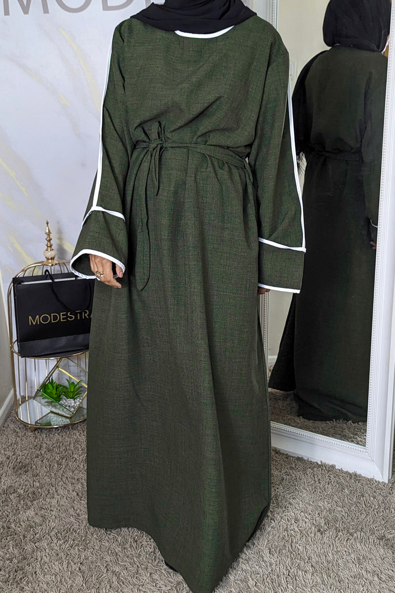 khaki contrast Linen Abaya