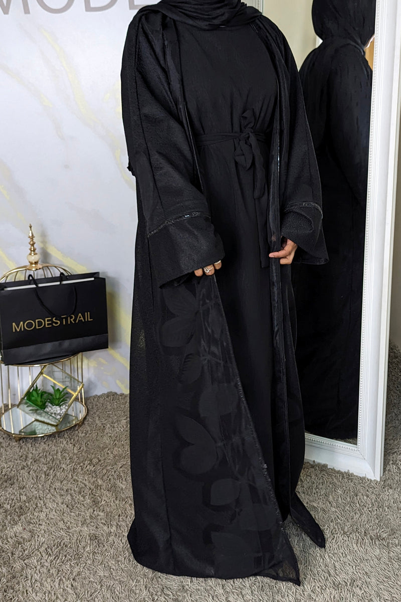 Black 2 Piece Net Abaya with Black Diamante