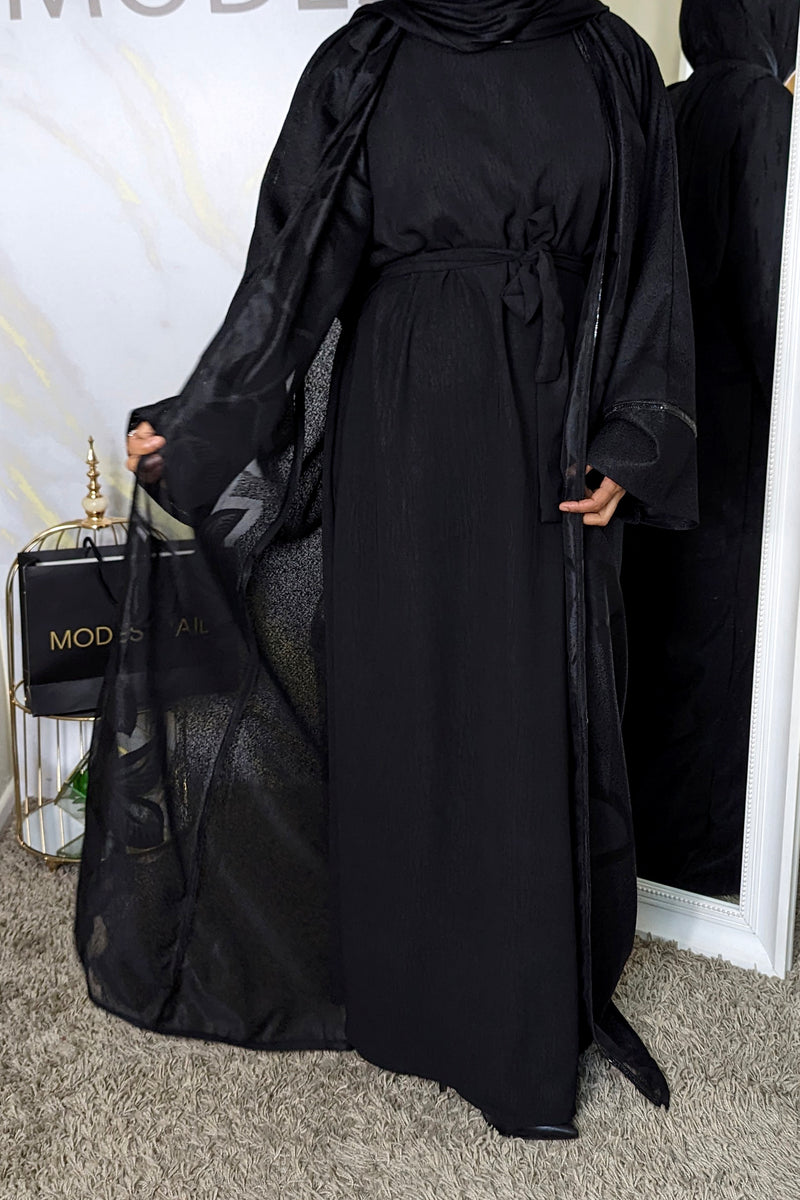 Black 2 Piece Net Abaya with Black Diamante