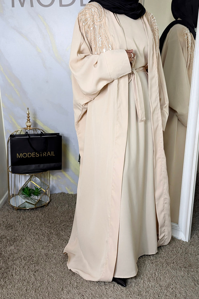 Beige 2 Piece pearl abaya