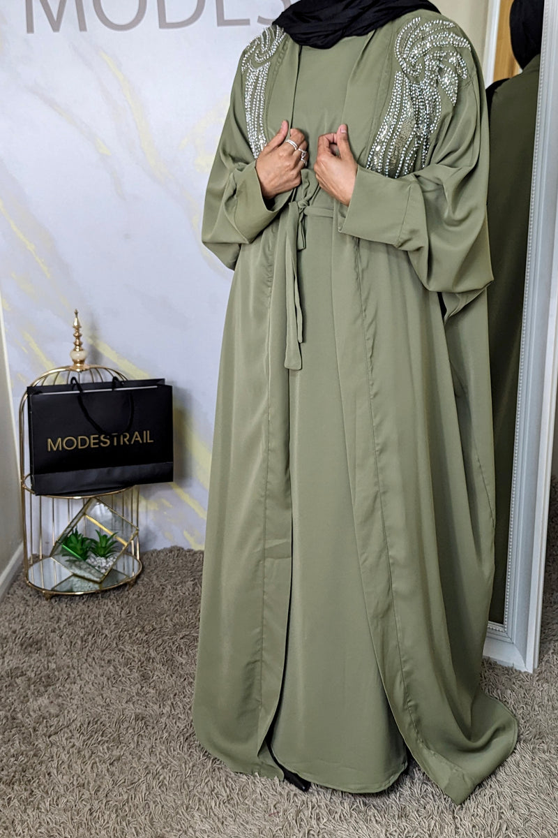 Khaki 2 Piece pearl abaya