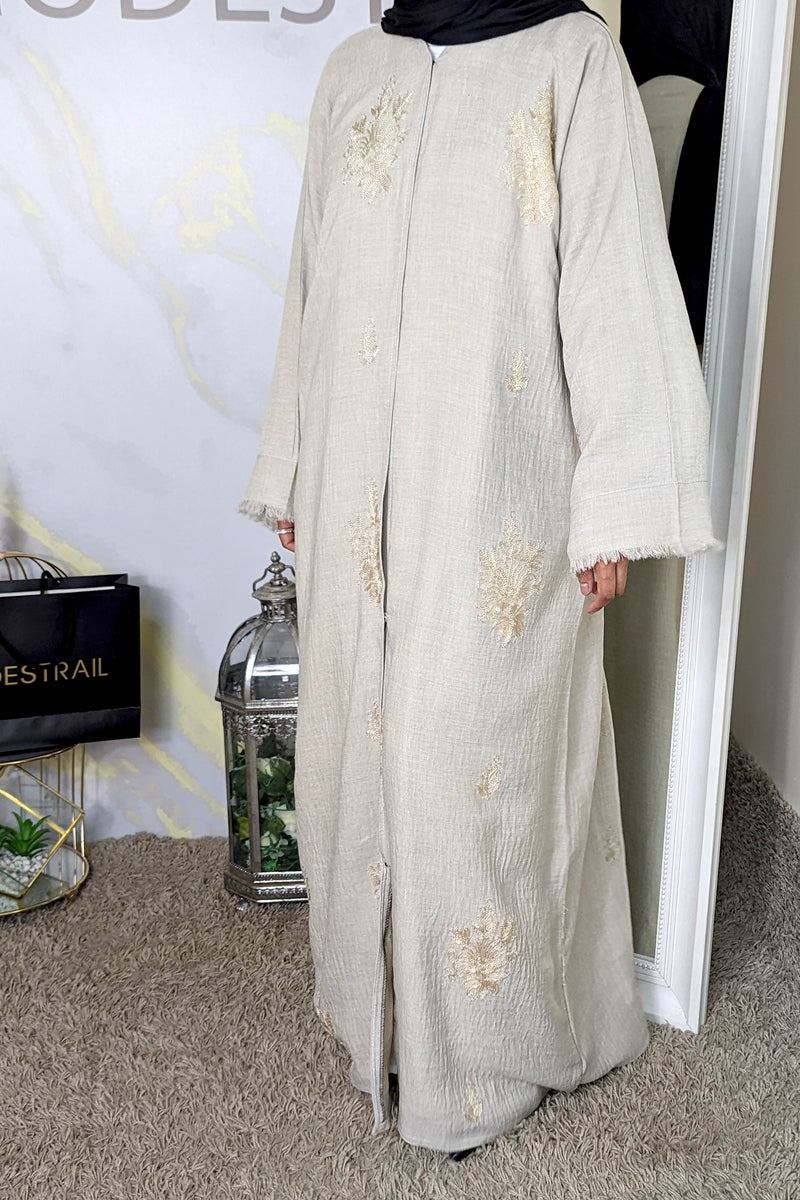 Cream embroided linen abaya