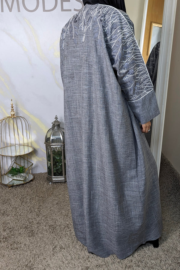 Grey & White embroidered Linen Abaya