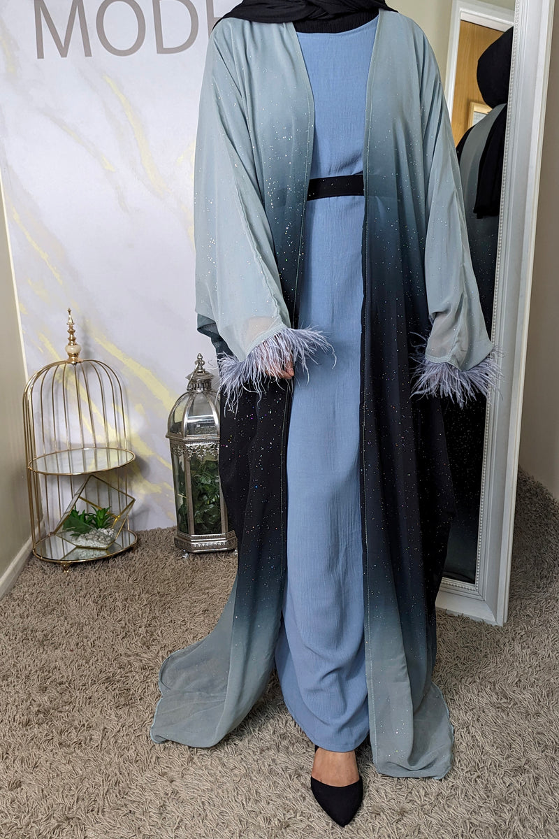 Ombre Sage Feather Sleeve Abaya Set