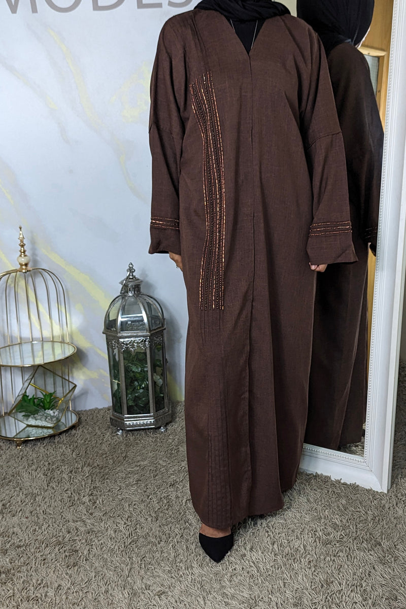 Brown Beaded Linen Abaya