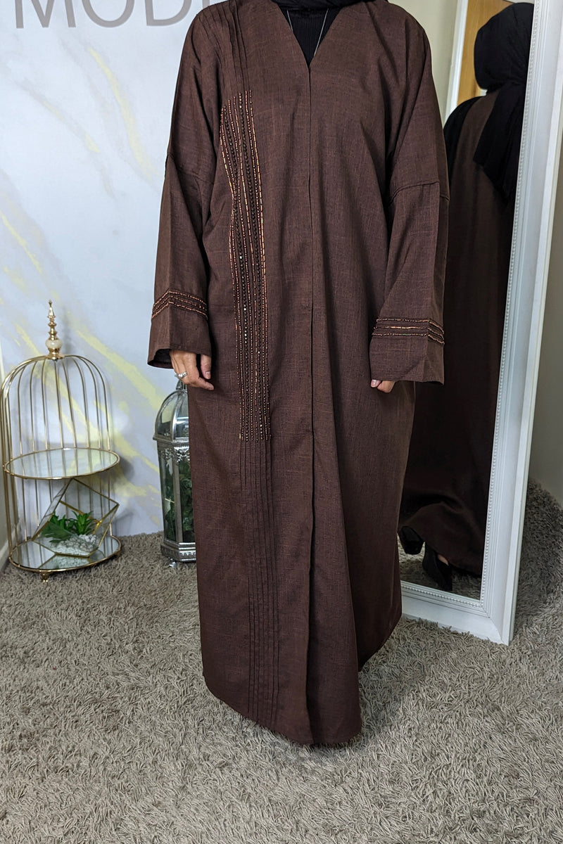 Brown Beaded Linen Abaya