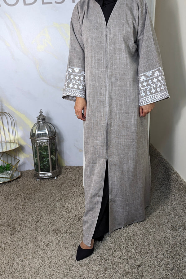 Mocha Embroidered Linen Abaya