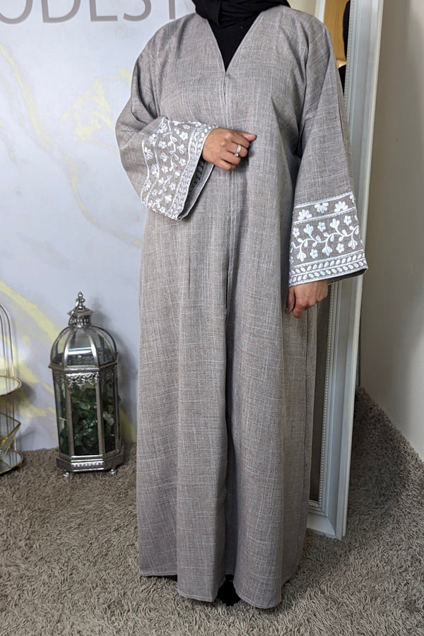 Mocha Embroidered Linen Abaya