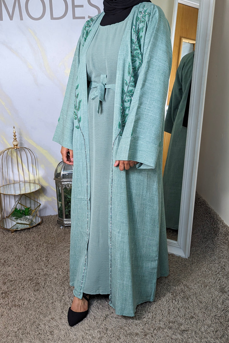 Jade Beaded Linen Abaya