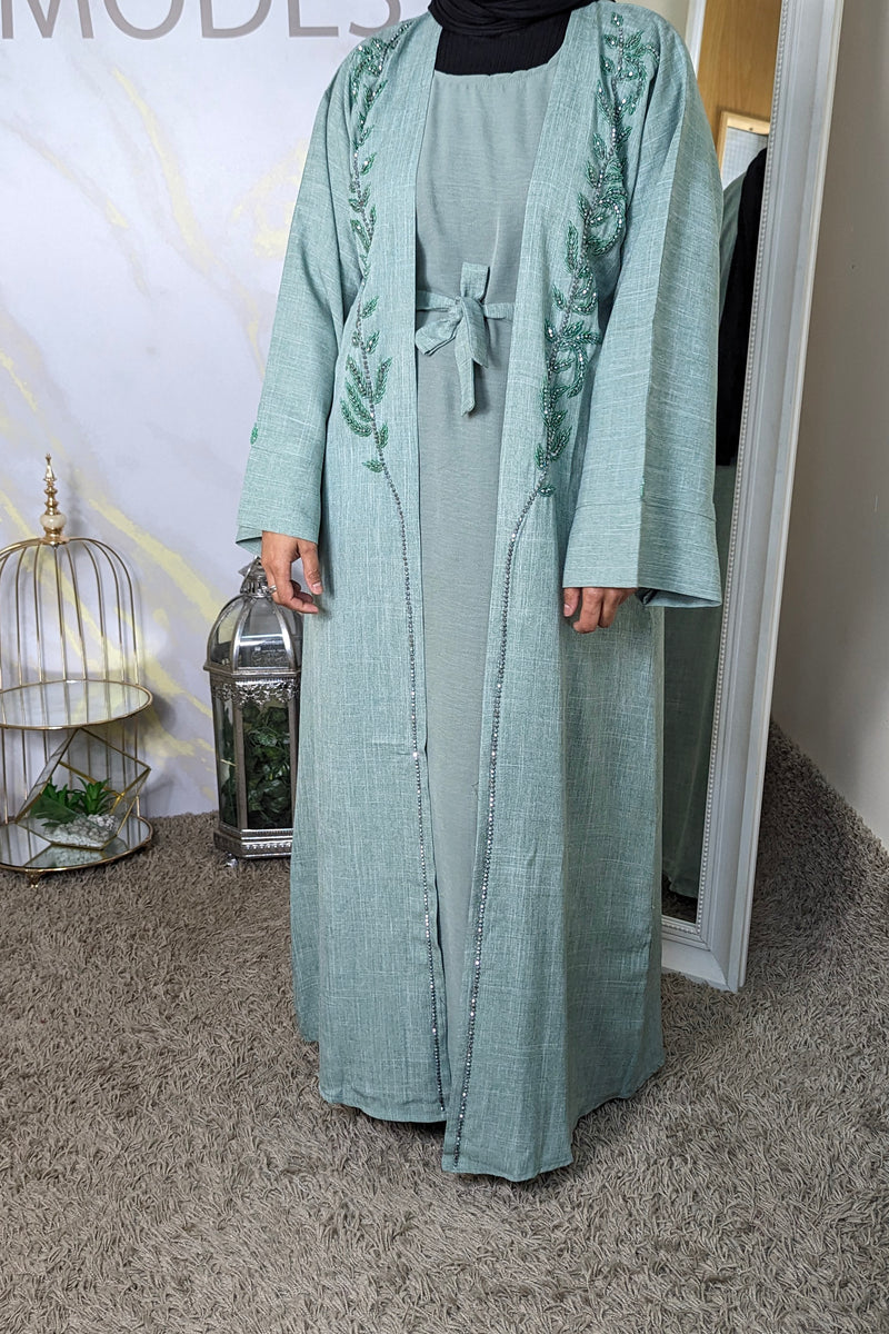 Jade Beaded Linen Abaya