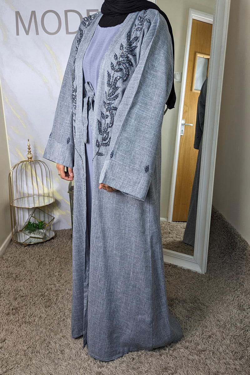 Grey Beaded Linen Abaya