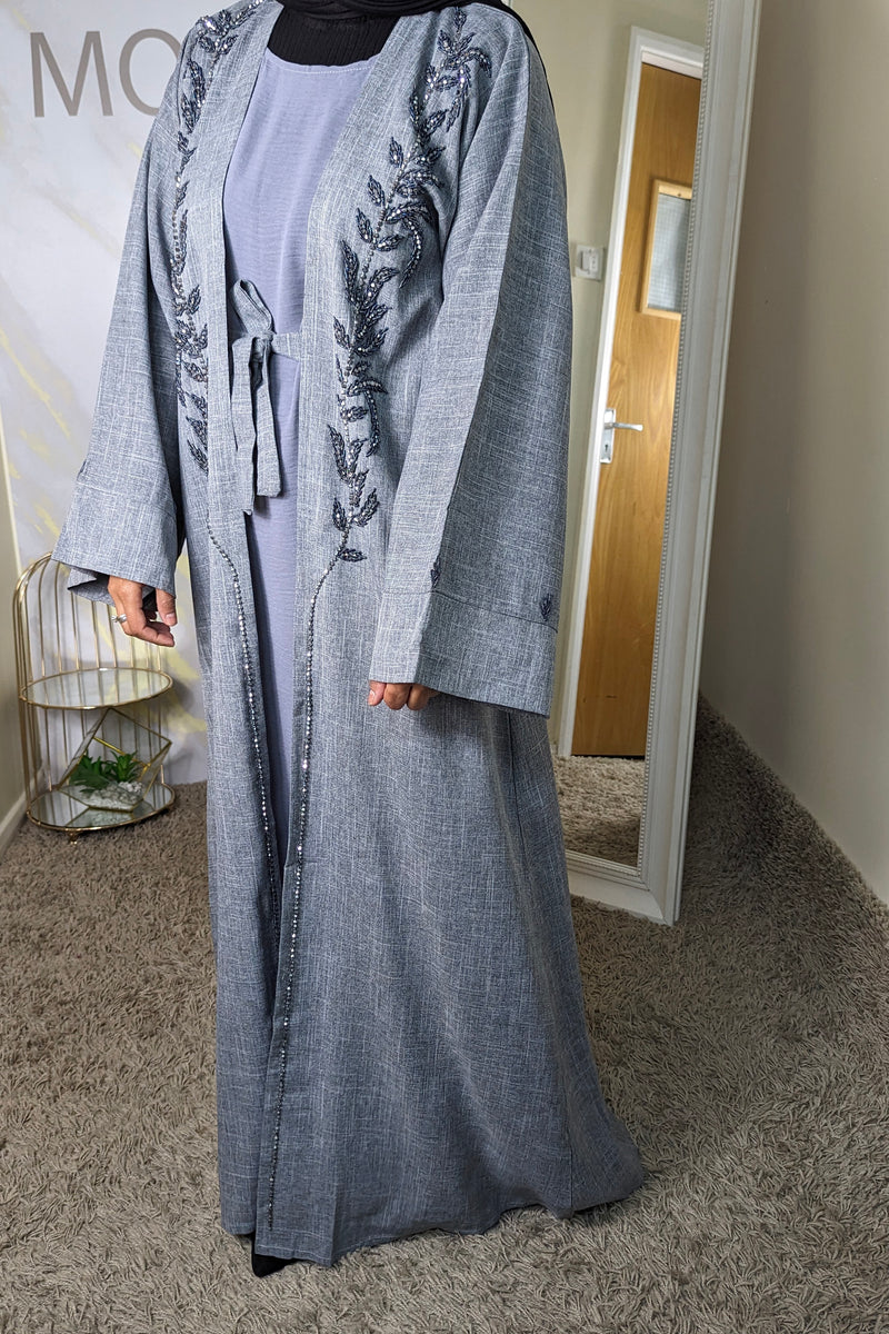 Grey Beaded Linen Abaya