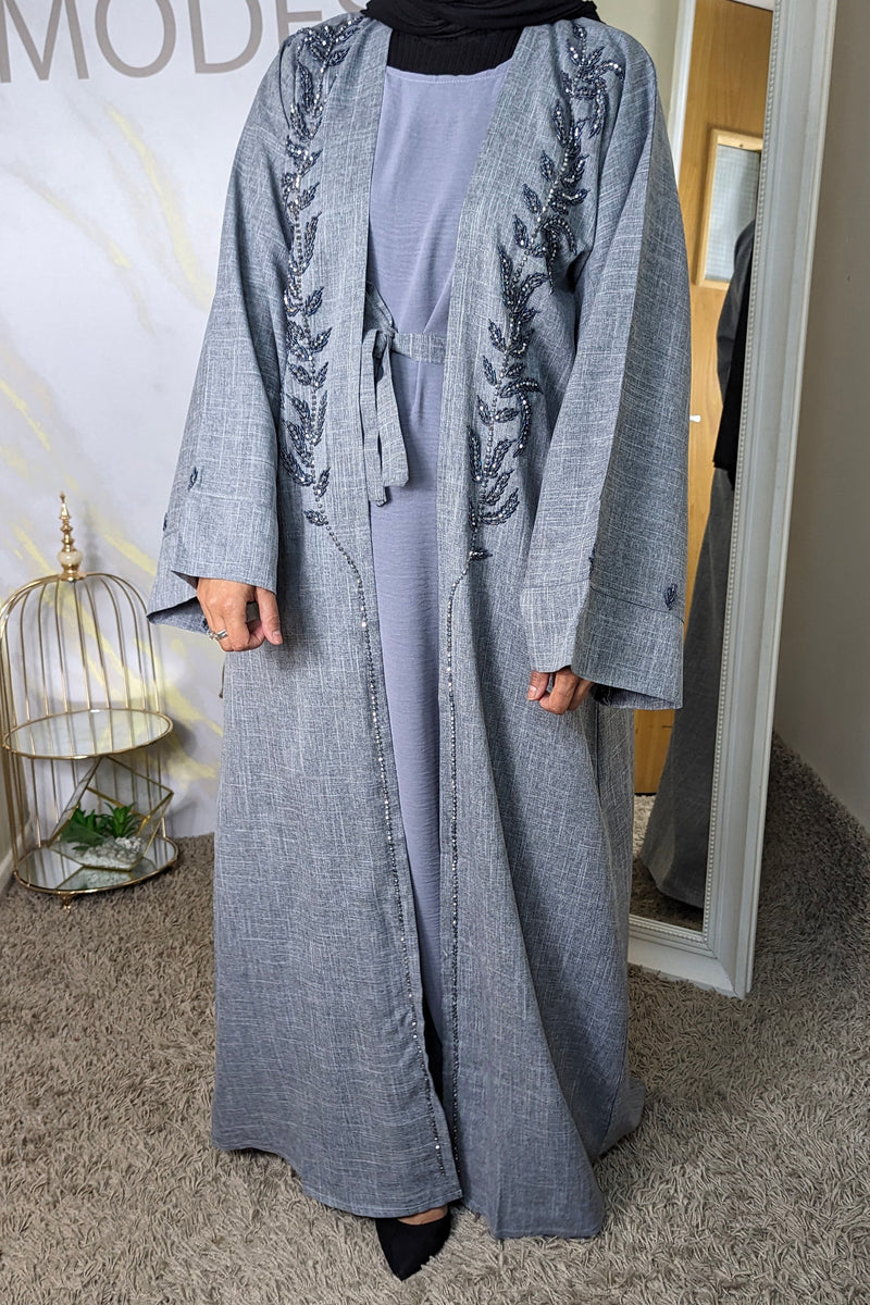 Grey Beaded Linen Abaya