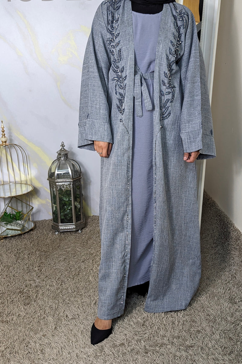 Grey Beaded Linen Abaya